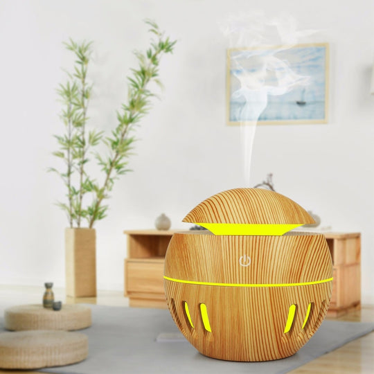 Wood Grain USB Hollowed-out Humidifier Seven Color Aromatherapy Lamp Automatic Alcohol Sprayer with Remote Control(Light Brown-3)