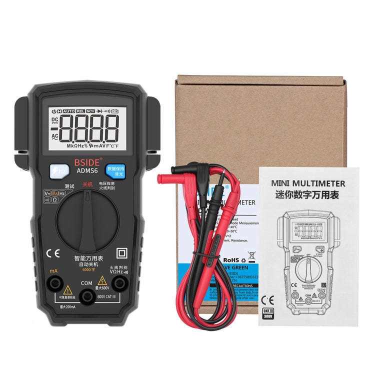 BSIDE ADMS6 High-precision Fully Automatic Small Digital Intelligent Multimeter with HD Digital Display & Shockproof Cover, Support Function Range Switch & Double-sided Pen Holder (Black) - Consumer Electronics by buy2fix | Online Shopping UK | buy2fix