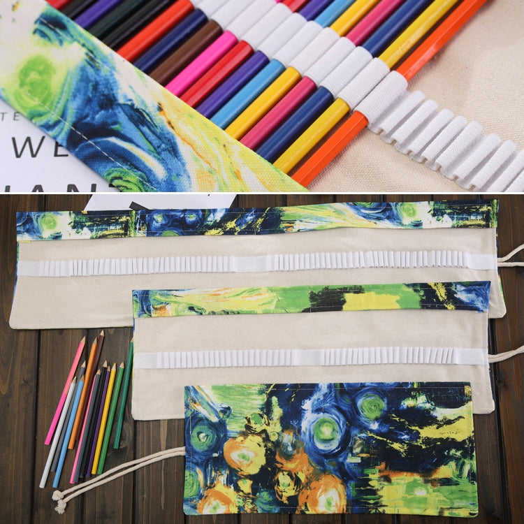 48 Slots Van Gogh Oil Painting Print Pen Bag Canvas Pencil Wrap Curtain Roll Up Pencil Case Stationery Pouch - Home & Garden by buy2fix | Online Shopping UK | buy2fix