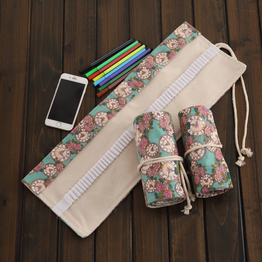 36 Slots Rose Clock Print Pen Bag Canvas Pencil Wrap Curtain Roll Up Pencil Case Stationery Pouch by buy2fix