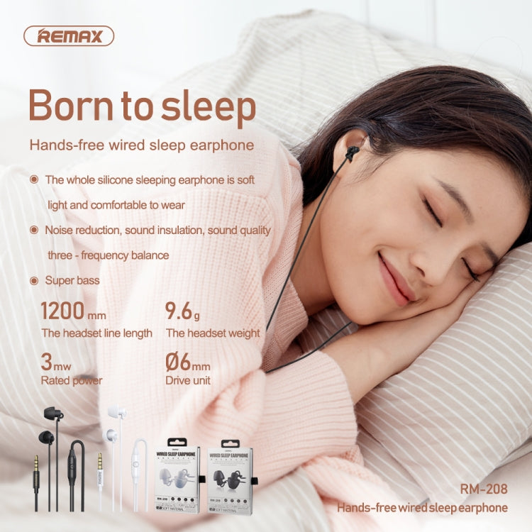 REMAX RM-208 In-Ear Stereo Sleep Earphone with Wire Control + MIC, Support Hands-free(White) - Normal Style Earphone by REMAX | Online Shopping UK | buy2fix