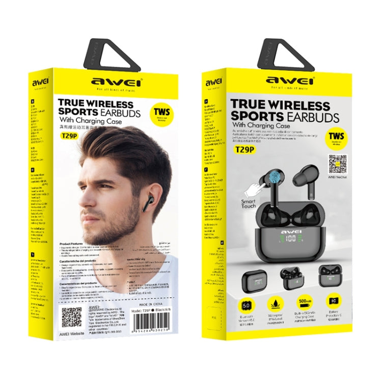 awei T29P Bluetooth V5.0 LED Digital Display Ture Wireless Sports IPX4 Waterproof TWS Headset with Charging Case - TWS Earphone by awei | Online Shopping UK | buy2fix