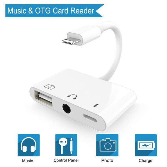 3 in 1 Multi-function 8 Pin + 3.5mm + USB 3.0 OTG to 8 Pin Male Fast Charging & Music Audio & Card Reading Adapter (White) by buy2fix