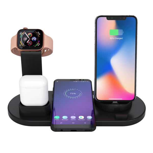 HQ-UD15 5 in 1 8 Pin + Micro USB + USB-C / Type-C Interfaces + 8 Pin Earphone Charging Interface + Wireless Charging Charger Base with Watch Stand (Black) by buy2fix