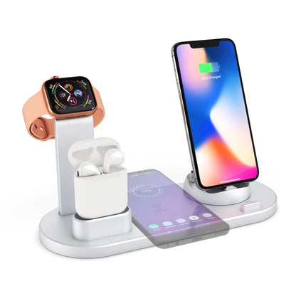 HQ-UD15 5 in 1 8 Pin + Micro USB + USB-C / Type-C Interfaces + 8 Pin Earphone Charging Interface + Wireless Charging Charger Base with Watch Stand(Silver) - Multifunction Charger by buy2fix | Online Shopping UK | buy2fix