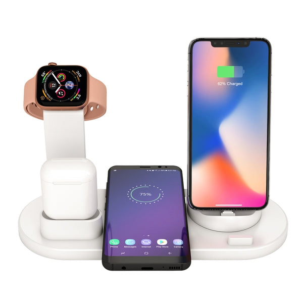 HQ-UD15 5 in 1 8 Pin + Micro USB + USB-C / Type-C Interfaces + 8 Pin Earphone Charging Interface + Wireless Charging Charger Base with Watch Stand (White) by buy2fix