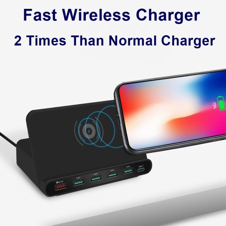 828W 7 in 1 60W QC 3.0 USB Interface + 4 USB Ports + USB-C / Type-C Interface + Wireless Charging Multi-function Charger with Mobile Phone Holder Function, AU Plug(Black) - Multifunction Charger by buy2fix | Online Shopping UK | buy2fix