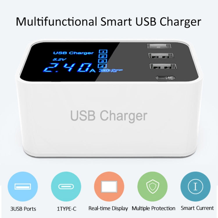 CDA30 20W 3 USB Ports + USB-C / Type-C Ports Multi-function Charger with LED Display, UK Plug - Multifunction Charger by buy2fix | Online Shopping UK | buy2fix