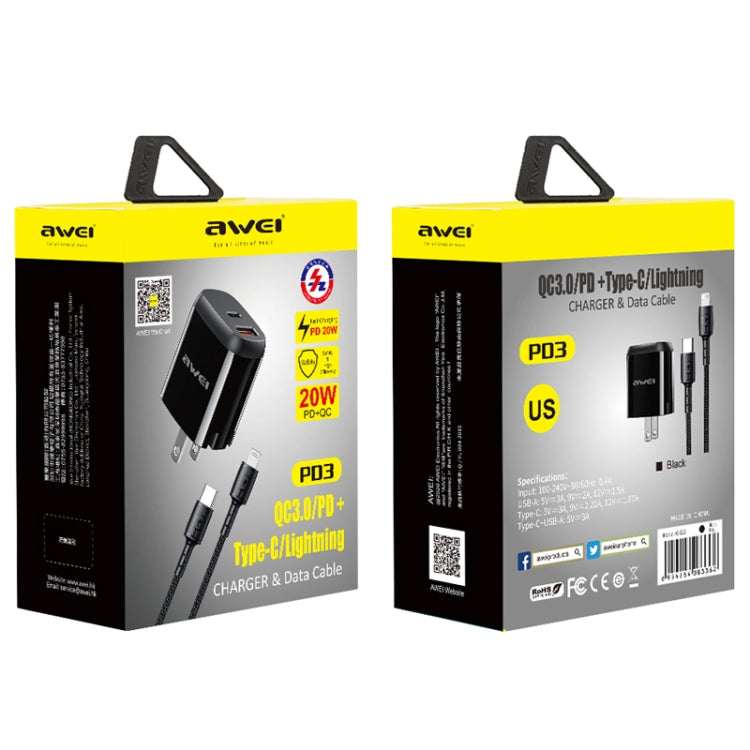 awei PD3 20W PD Type-C + QC 3.0 USB Interface Fast Charging Travel Charger with Data Cable, US Plug - Apple Accessories by awei | Online Shopping UK | buy2fix