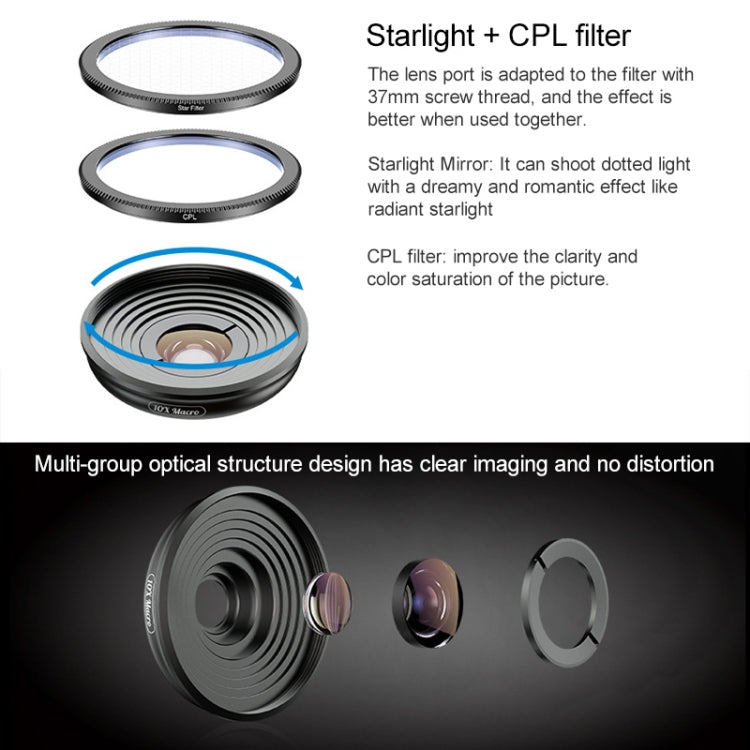 APEXEL APL-HB10X Macro Lens Telephoto Clip + Star Light Filter + CPL Phone Lens Kit - Combination Lens by APEXEL | Online Shopping UK | buy2fix