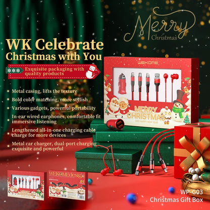 WK WP-G03 Car Charger + 3 In 1 Cahrging Cable + Wired Earphone Christmas Gift Box Set - Multifunction Cable by WK | Online Shopping UK | buy2fix