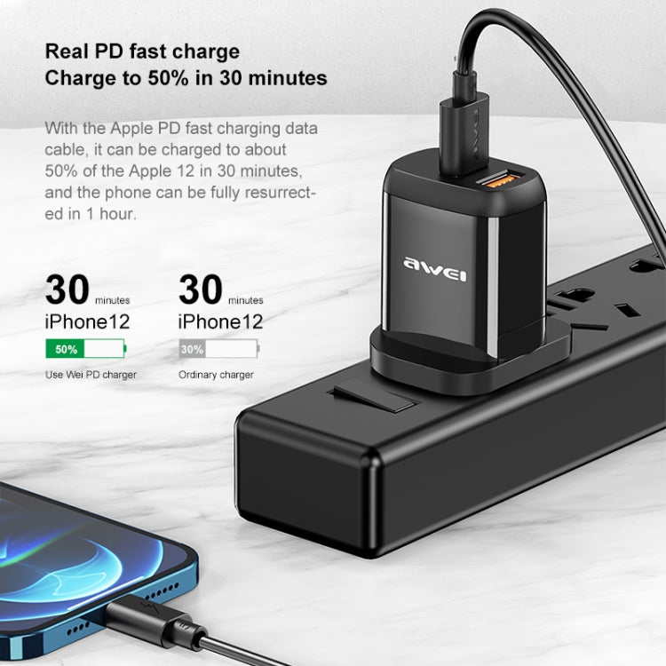 awei PD1 20W PD Type-C + QC 3.0 USB Interface Fast Charging Travel Charger with Data Cable, UK Plug - Apple Accessories by awei | Online Shopping UK | buy2fix