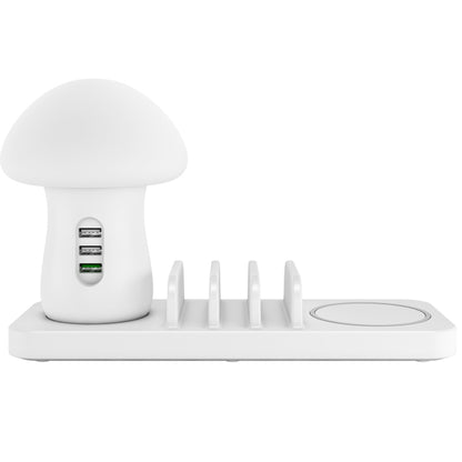 HQ-UD12 Universal 4 in 1 40W QC3.0 3 USB Ports + Wireless Charger Mobile Phone Charging Station with Mushroom Shape LED Light, Length: 1.2m, EU Plug(White) - Multifunction Charger by buy2fix | Online Shopping UK | buy2fix