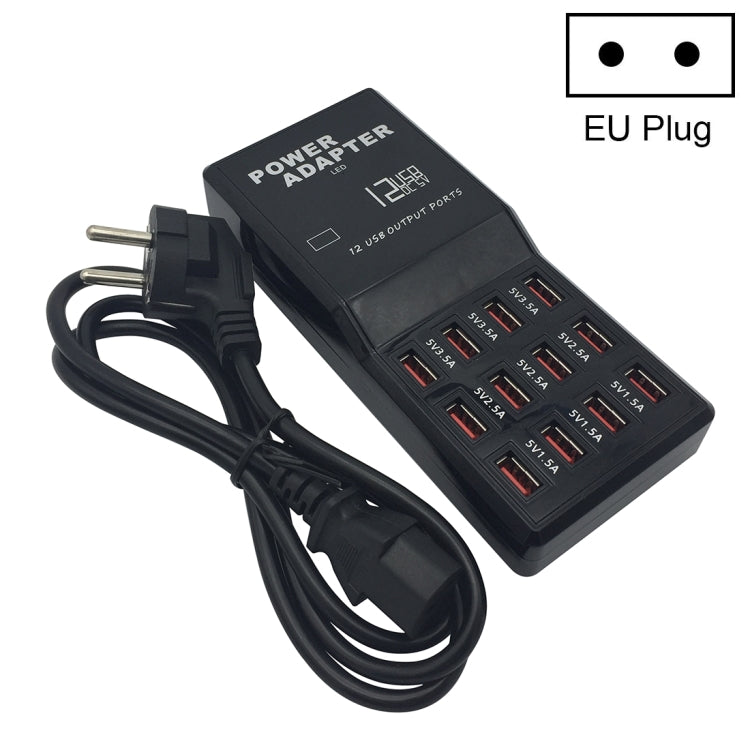 W-858 12A 12 Ports USB Fast Charging Dock Desktop Smart Charger AC100-240V, EU Plug (Black) - Multifunction Charger by buy2fix | Online Shopping UK | buy2fix