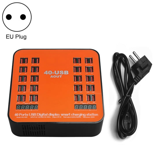 WLX-840 200W 40 Ports USB Station de recharge intelligente à affichage numérique AC100-240V, prise UE (noir + orange)