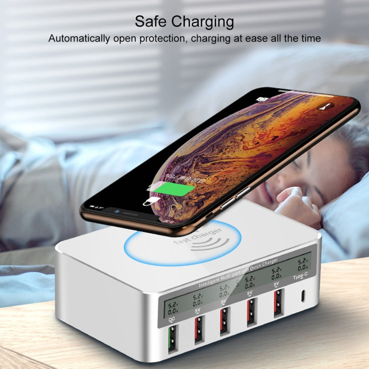 WLX-818F 6 in 1 10W QC3.0 Wireless Charging + USB-C / Type-C + 4 USB Ports Charger with Smart LCD Display Screen, EU / AU Plug - Multifunction Charger by buy2fix | Online Shopping UK | buy2fix