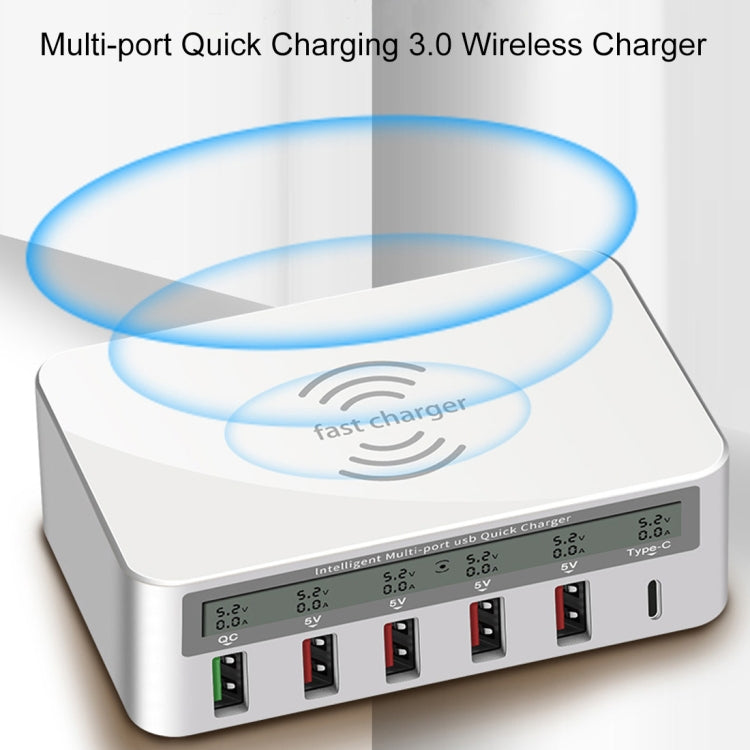 WLX-818F 6 in 1 10W QC3.0 Wireless Charging + USB-C / Type-C + 4 USB Ports Charger with Smart LCD Display Screen, EU / AU Plug - Multifunction Charger by buy2fix | Online Shopping UK | buy2fix