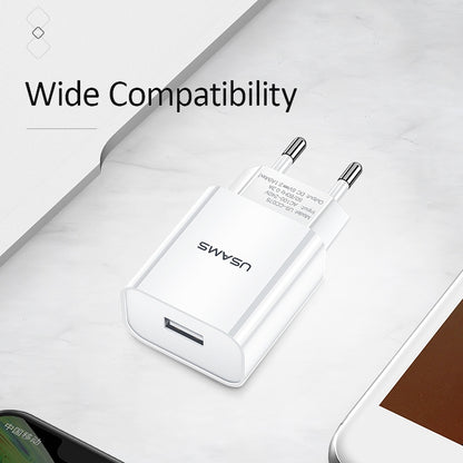 USAMS US-CC075 T18 2.1A Single USB Travel Charger, EU Plug (White) by USAMS