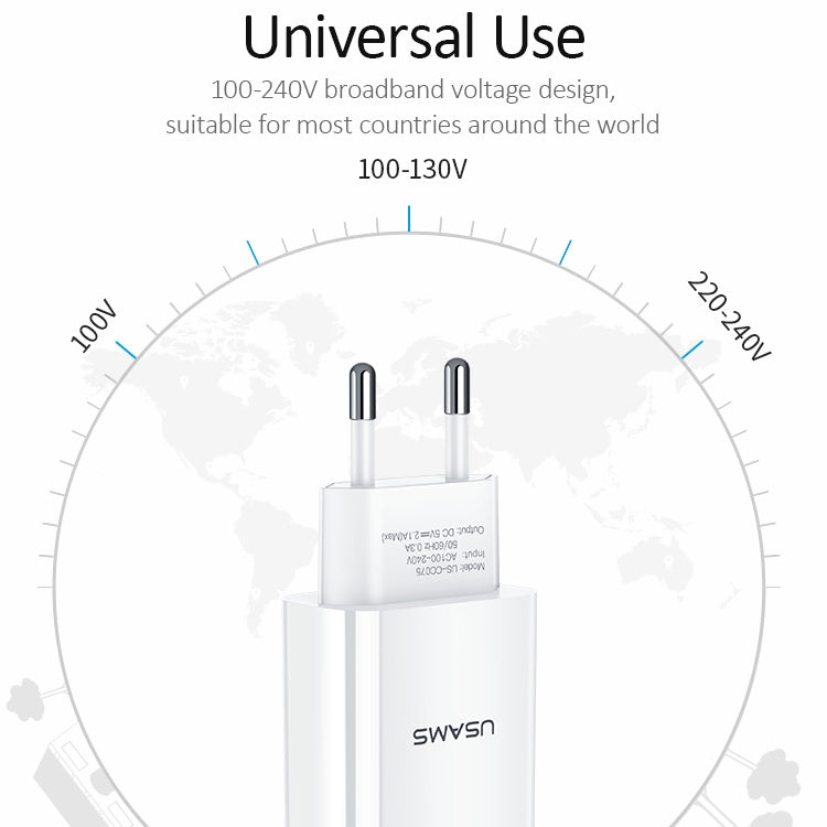 USAMS US-CC075 T18 2.1A Single USB Travel Charger, EU Plug (White) by USAMS