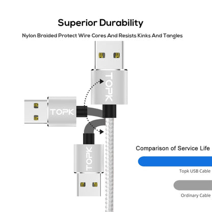 TOPK 2m 2.4A Max USB to 8 Pin + USB-C / Type-C + Micro USB Nylon Braided Magnetic Charging Cable with LED Indicator(Silver) - Charging Cable & Head by TOPK | Online Shopping UK | buy2fix