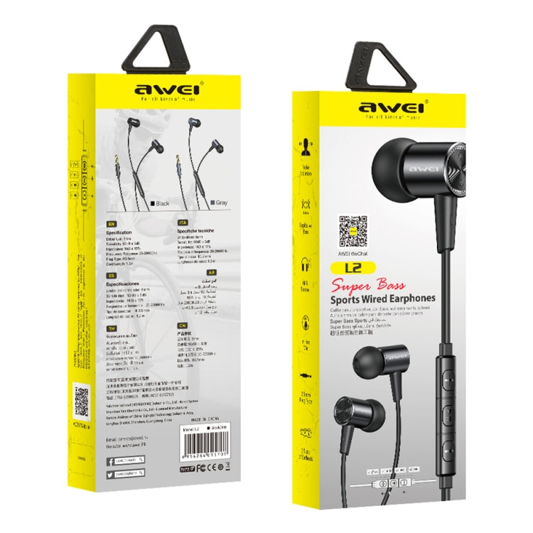 awei L2  3.5mm Plug In-Ear Wired Stereo Earphone with Mic(Grey) - Normal Style Earphone by awei | Online Shopping UK | buy2fix