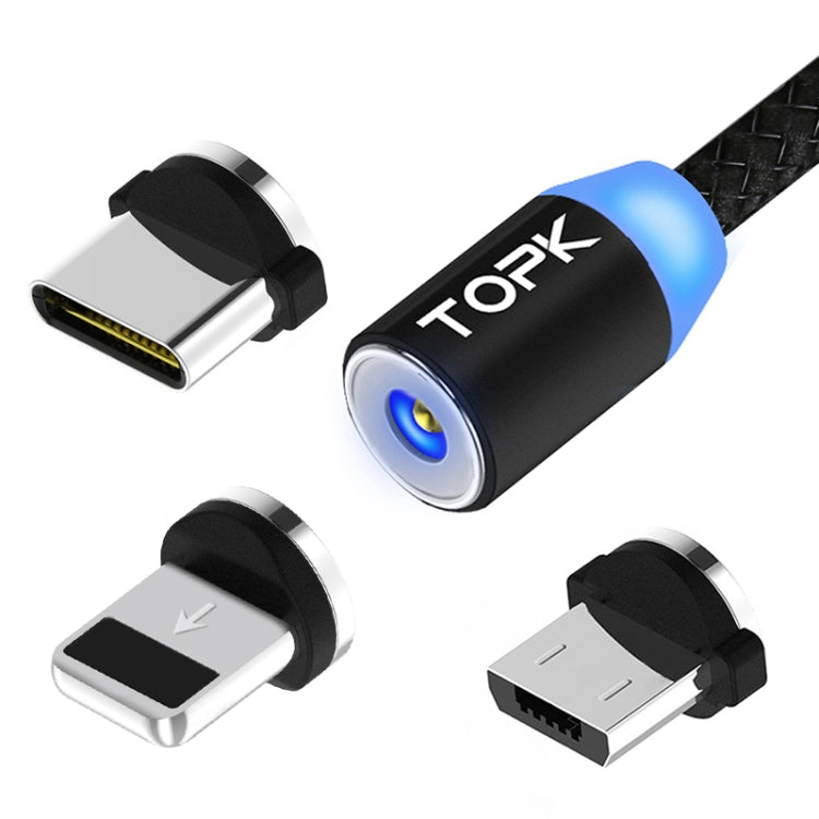 TOPK AM23 1m 2.1A Output USB to 8 Pin + USB-C / Type-C + Micro USB Mesh Braided Magnetic Charging Cable with LED Indicator(Black) - Charging Cable & Head by TOPK | Online Shopping UK | buy2fix