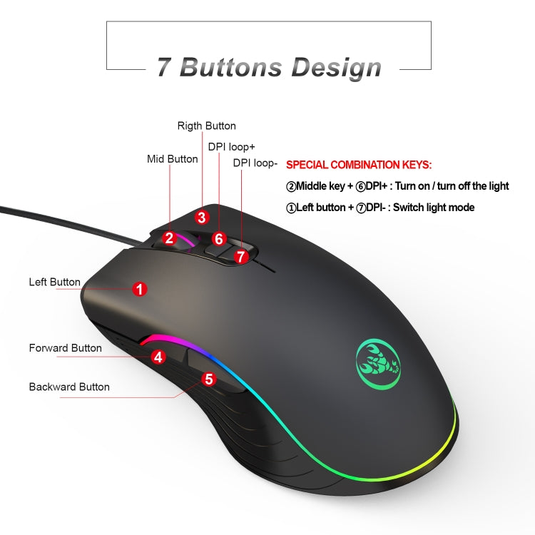 HXSJ A867 USB 6400DPI Four-speed Adjustable RGB Illuminate Wired E-sport Gaming Mouse, Length: 1.5m - Computer & Networking by HXSJ | Online Shopping UK | buy2fix