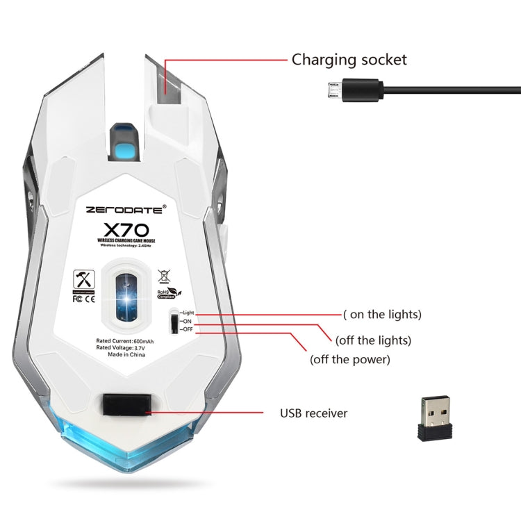 ZERODATE X70 2.4GHz Wireless 6-Keys 2400 DPI Adjustable Ergonomics Optical Gaming Mouse with Breathing Light(White) - Wireless Mice by ZERODATE | Online Shopping UK | buy2fix