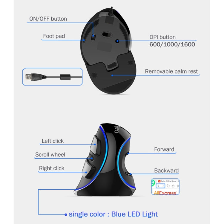 DELUX M618 Plus Wired Blue Version Optical Mouse Ergonomic Vertical Mouse 1600DPI - Wired Mice by DELUX | Online Shopping UK | buy2fix