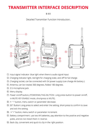 YELANGU YLG9929C MX4 Dual-Channel 100CH UHF Wireless Microphone System with Transmitter and Receiver for DSLR Cameras and Video Cameras(Black) - Consumer Electronics by YELANGU | Online Shopping UK | buy2fix