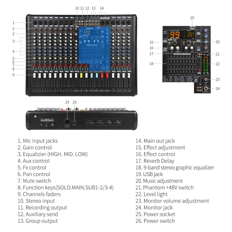 XTUGA B1404FX 14 Channels Bluetooth Audio Mixer Digital DJ Controller Sound Mixing Console (UK Plug) - Live Sound Effects Processors by XTUGA | Online Shopping UK | buy2fix