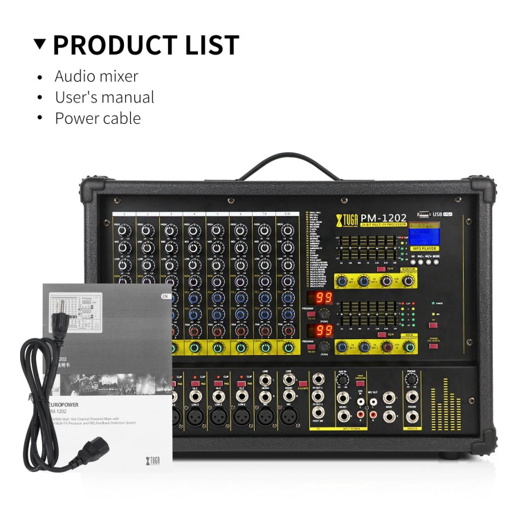 XTUGA PM1202 900W 10 Channel Stage Power Mixer 24Bit Multil-FX Processor Dual 99 DSP Effect DJ Amplifier (EU Plug) - Live Sound Effects Processors by XTUGA | Online Shopping UK | buy2fix