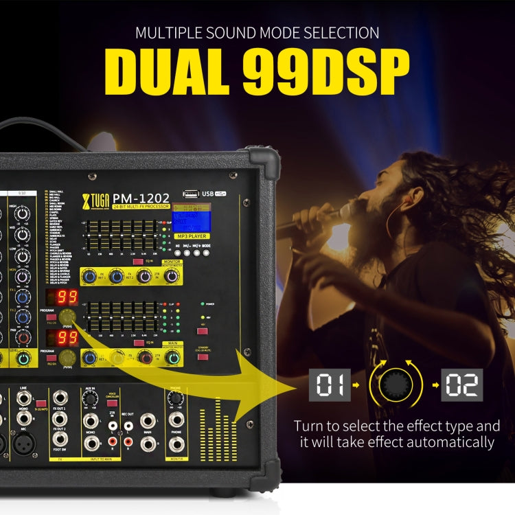 XTUGA PM1202 900W 10 Channel Stage Power Mixer 24Bit Multil-FX Processor Dual 99 DSP Effect DJ Amplifier (UK Plug) - Live Sound Effects Processors by XTUGA | Online Shopping UK | buy2fix