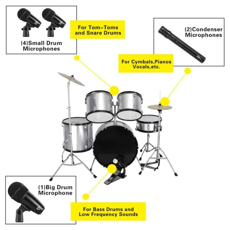 XTUGA MI7-G 7-Piece Wired Dynamic Drum Mic Kit Kick Bass Tom/Snare Cymbals Microphone Set - Microphone by XTUGA | Online Shopping UK | buy2fix