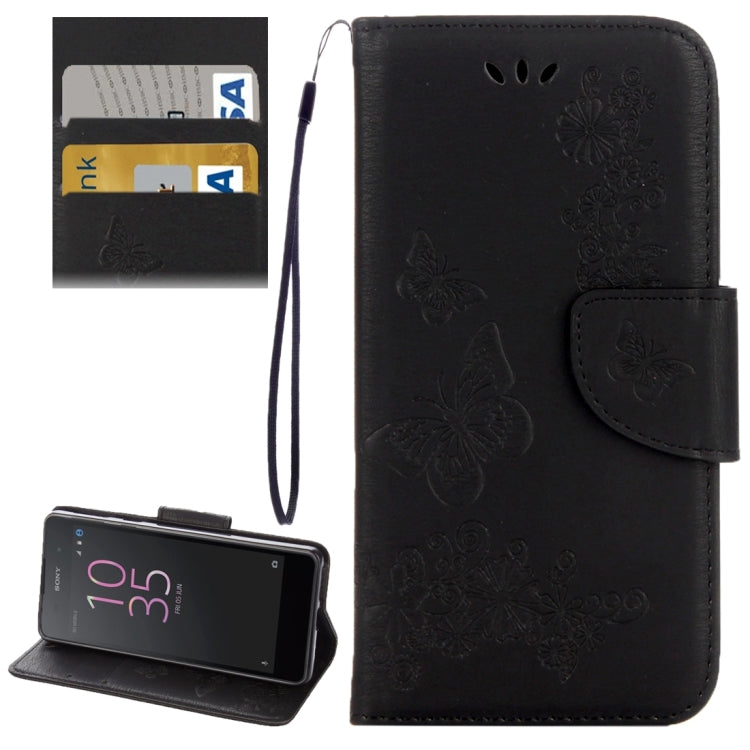 For Sony Xperia E5 Butterflies Embossing Horizontal Flip Leather Case with Holder & Card Slots & Wallet & Lanyard(Black) - Mobile Accessories by buy2fix | Online Shopping UK | buy2fix
