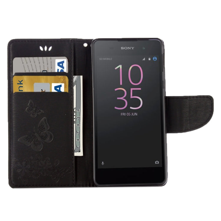 For Sony Xperia E5 Butterflies Embossing Horizontal Flip Leather Case with Holder & Card Slots & Wallet & Lanyard(Black) - Mobile Accessories by buy2fix | Online Shopping UK | buy2fix