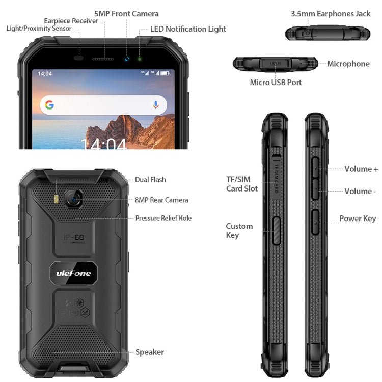 [HK Warehouse] Ulefone Armor X6 Rugged Phone, 2GB+16GB, IP68/IP69K Waterproof Dustproof Shockproof, Face Identification, 4000mAh Battery, 5.0 inch Android 9.0 MTK6580A/W Quad Core up to 1.3GHz, Network: 3G(Black) - Ulefone by Ulefone | Online Shopping UK | buy2fix