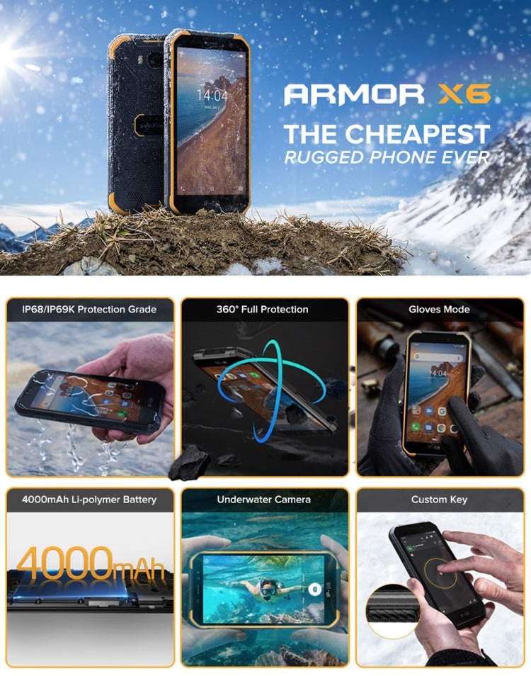 [HK Warehouse] Ulefone Armor X6 Rugged Phone, 2GB+16GB, IP68/IP69K Waterproof Dustproof Shockproof, Face Identification, 4000mAh Battery, 5.0 inch Android 9.0 MTK6580A/W Quad Core up to 1.3GHz, Network: 3G(Black) - Ulefone by Ulefone | Online Shopping UK | buy2fix