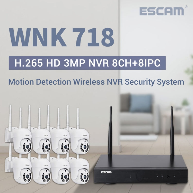 ESCAM WNK718 HD 3.0 Million Pixels 8-channel Wireless + 8IPC Wireless NVR Security System, US Plug - Security by ESCAM | Online Shopping UK | buy2fix