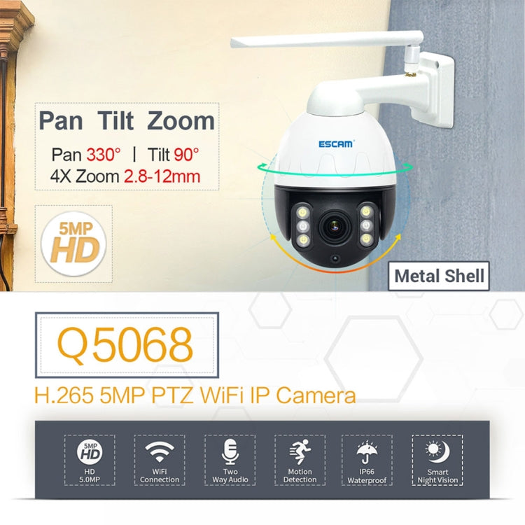 ESCAM Q5068 H.265 5MP Pan / Tilt / 4X Zoom WiFi Waterproof IP Camera, Support ONVIF Two Way Talk & Night Vision, EU Plug - Waterproof Camera by ESCAM | Online Shopping UK | buy2fix