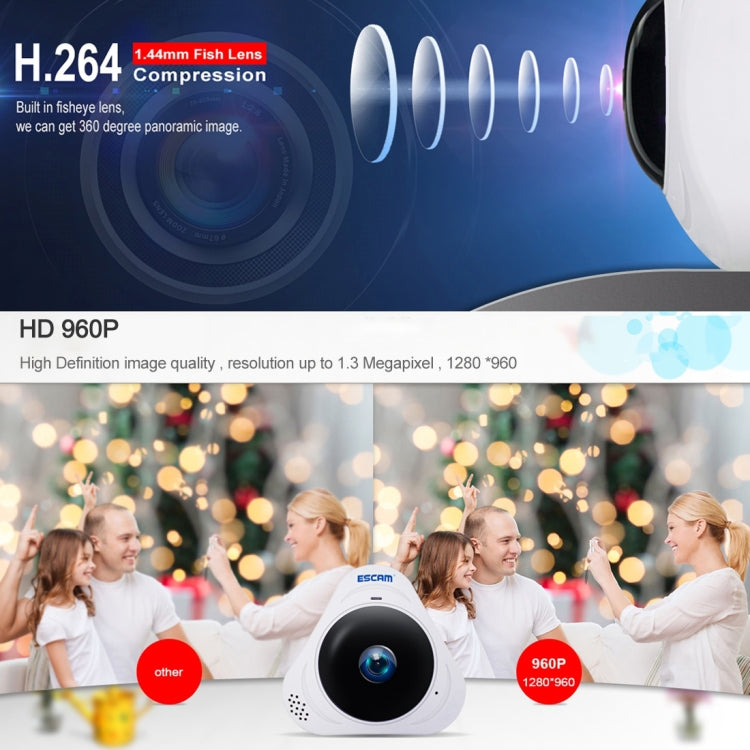 ESCAM Q8 960P 360 Degrees Fisheye Lens 1.3MP WiFi IP Camera, Support Motion Detection / Night Vision, IR Distance: 5-10m, AU Plug(White) - Security by ESCAM | Online Shopping UK | buy2fix