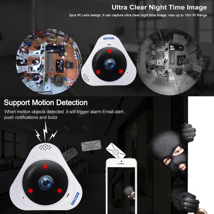 ESCAM Q8 960P 360 Degrees Fisheye Lens 1.3MP WiFi IP Camera, Support Motion Detection / Night Vision, IR Distance: 5-10m, AU Plug(White) - Security by ESCAM | Online Shopping UK | buy2fix