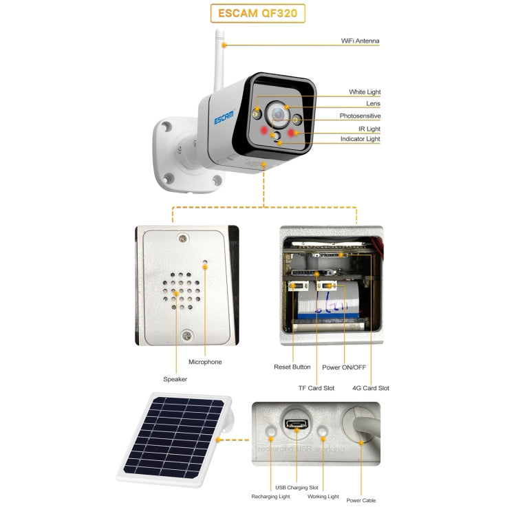 ESCAM QF320 HD 1080P 4G Solar Panel IP Camera, Support Night Vision & TF Card & PIR Motion Detection & Two Way Audio - Security by ESCAM | Online Shopping UK | buy2fix