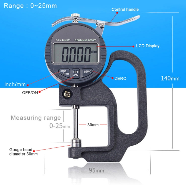 0-25mm Range 30mm Probe Digital Display Micrometer Thickness Gauge - Consumer Electronics by buy2fix | Online Shopping UK | buy2fix