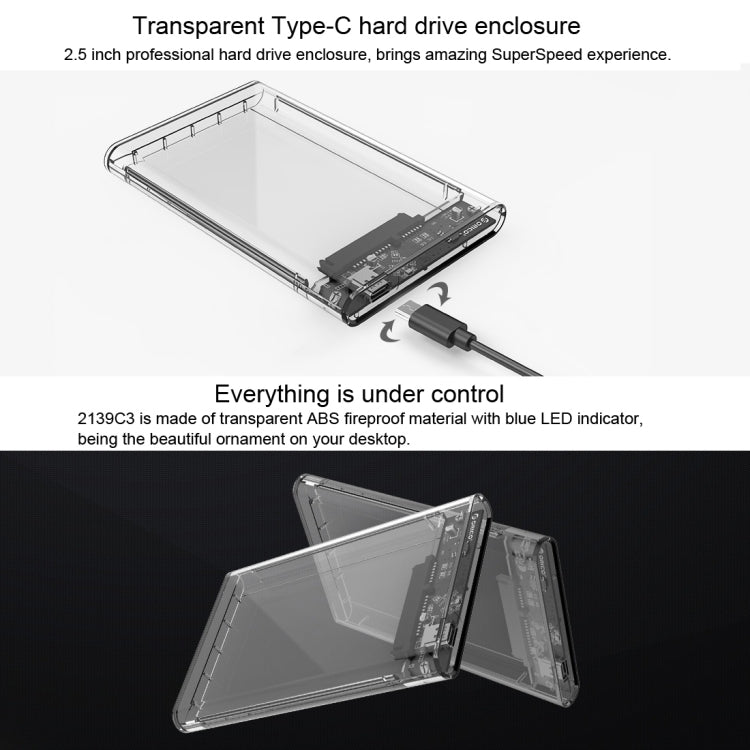 ORICO 2139C3-CR USB3.1 Type C Transparent External Hard Disk Box Storage Case for 9.5mm 2.5 inch SATA HDD / SSD - HDD Enclosure by ORICO | Online Shopping UK | buy2fix