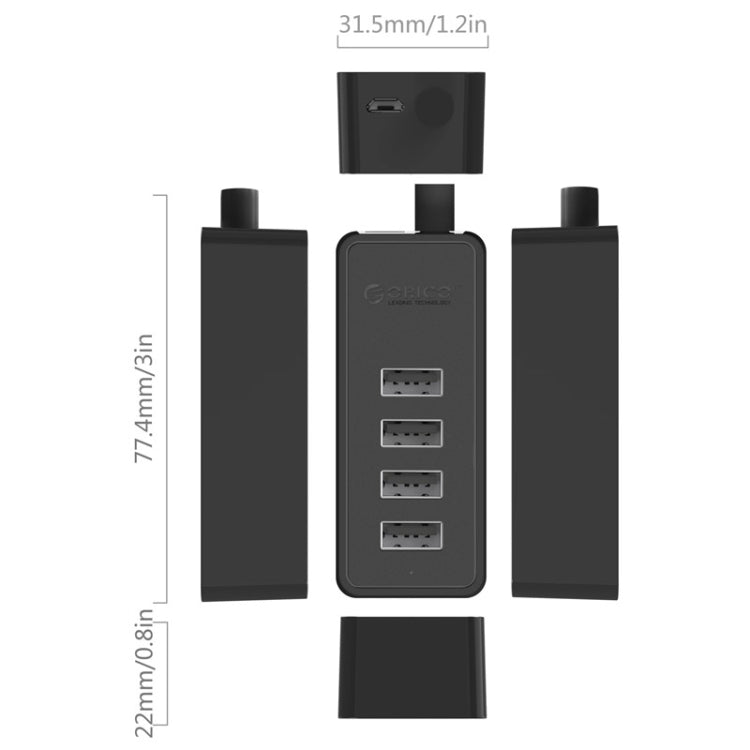 ORICO W5P-U2-30 USB 2.0 Desktop HUB with 30cm Micro USB Cable Power Supply(Black) -  by ORICO | Online Shopping UK | buy2fix