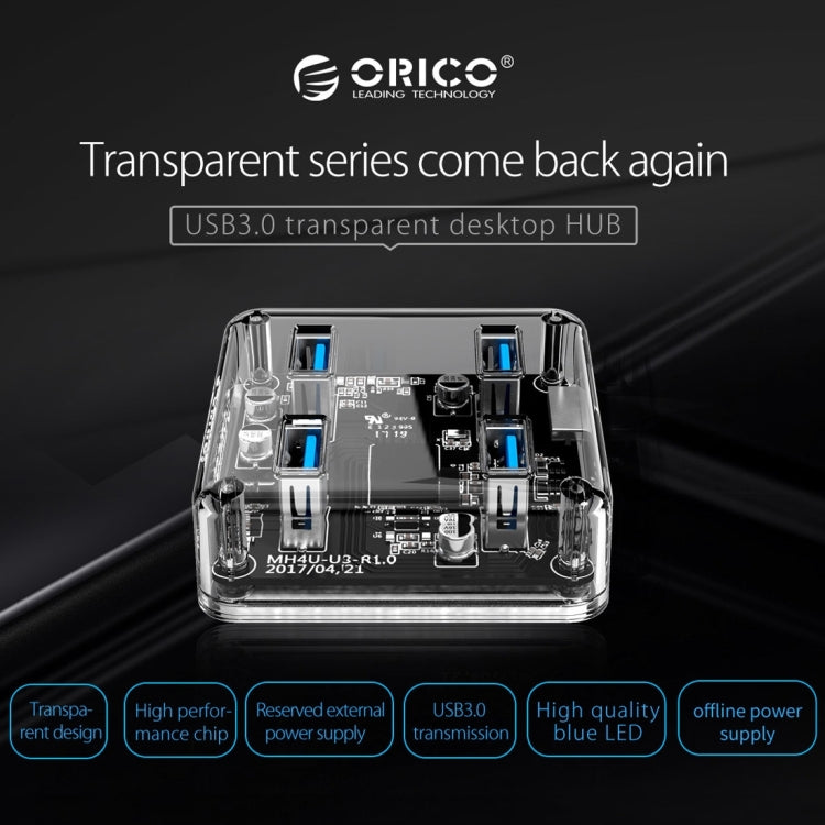 ORICO MH4U-100 USB 3.0 Transparent Desktop HUB with 100cm Micro USB Cable - USB 3.0 HUB by ORICO | Online Shopping UK | buy2fix