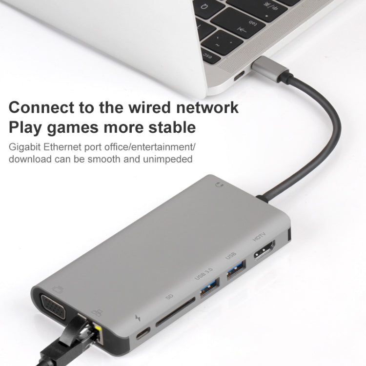 Onten 9591BD 8 in 1 USB-C / Type-C to PD USB-C / Type-C Charging + Gigabit Ethernet + Dual USB 3.0 + HDMI + VGA + SD Card Slot + 3.5mm AUX HUB(Grey) - Computer & Networking by Onten | Online Shopping UK | buy2fix