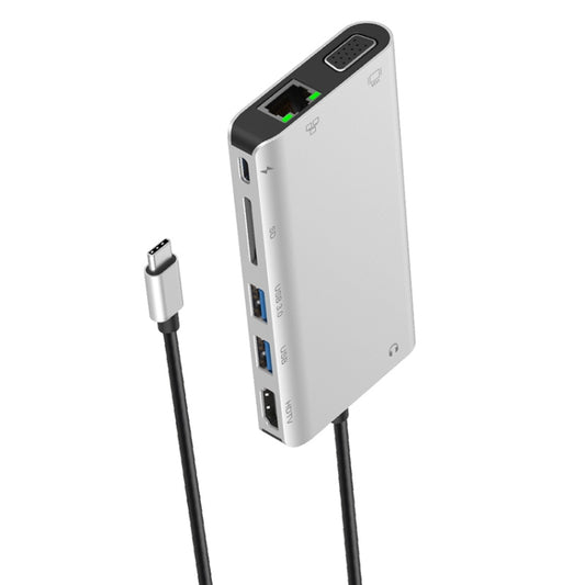 Onten 9591BD 8 in 1 USB-C / Type-C to PD USB-C / Type-C Charging + Gigabit Ethernet + Dual USB 3.0 + HDMI + VGA + SD Card Slot + 3.5mm AUX HUB(Silver) by Onten