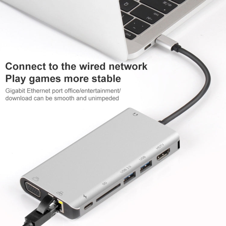 Onten 9591BD 8 in 1 USB-C / Type-C to PD USB-C / Type-C Charging + Gigabit Ethernet + Dual USB 3.0 + HDMI + VGA + SD Card Slot + 3.5mm AUX HUB(Silver) - Computer & Networking by Onten | Online Shopping UK | buy2fix